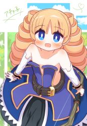 1girl :d absurdres archer_(disgaea) bare_shoulders blonde_hair blue_dress blue_eyes blue_sky blush bow_(weapon) breasts cloud collarbone commentary_request day detached_sleeves disgaea dress drill_hair highres holding holding_bow_(weapon) holding_weapon long_hair long_sleeves looking_at_viewer makai_senki_disgaea open_mouth sky small_breasts smile solo strapless strapless_dress translation_request twin_drills twintails very_long_hair weapon white_sleeves yuya090602