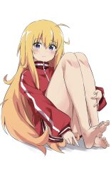 1girl as_buppa bare_legs barefoot blonde_hair blue_eyes blush closed_mouth convenient_censoring feet full_body gabriel_dropout gabriel_tenma_white hair_between_eyes hand_on_own_leg highres knees_up legs long_hair long_legs long_sleeves looking_at_viewer on_ground red_track_jacket shadow sidelocks simple_background sitting soles solo thighs toenails toes very_long_hair white_background