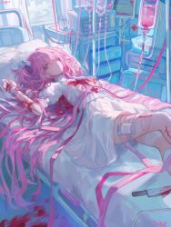 1girl arm_up bandaged_arm bandaged_leg bandages bed blood blood_on_arm blood_on_clothes blood_on_ground bloody_knife cardiogram hair_flowing_over hair_over_eyes highres hospital hospital_bed hospital_gown implied_self-harm injury intravenous_drip jiye_p1 knife leg_lift long_hair looking_at_viewer lying on_back on_bed original pill_hair_ornament pink_eyes pink_hair pink_ribbon ribbon short_twintails sidelighting solo twintails very_long_hair