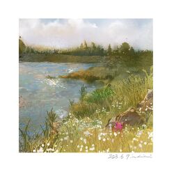 Rule 34 | 2023, blue sky, cloud, cloudy sky, creature, grass, lake, mimoth, original, painting (medium), pastel (medium), reflection, reflective water, river, riverbank, rock, scenery, sky, tall grass, traditional media, tree, water