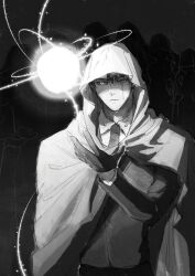 1boy black_eyes black_gloves black_necktie cloak collared_shirt crossover gloves glowing glowing_eye greyscale harry_potter_(series) heterochromia hexagon looking_at_object magic male_focus monochrome necktie omniscient_reader&#039;s_viewpoint orb outstretched_hand people raya_(000_unseen) scar scar_across_eye scar_on_face secretive_plotter shirt silhouette solo spell white_cloak white_eyes white_shirt wizarding_world