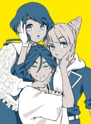 1boy 2girls backpack bag blue_eyes blue_hair closed_mouth collared_shirt commentary cone_hair_bun double_bun frilled_shirt frilled_sleeves frills fukurai_azami furrowed_brow hair_between_eyes hair_bun hand_on_another&#039;s_cheek hand_on_another&#039;s_face hashtag-only_commentary highres hood hood_down hoodie jasmine_(toshi_densetsu_kaitai_center) jumpsuit juuminzei_(umanikerareru) limited_palette long_sleeves looking_at_viewer meguriya_ayumu multiple_girls open_mouth puffy_long_sleeves puffy_sleeves shirt short_hair simple_background skirt smile toshi_densetsu_kaitai_center white_shirt yellow_background