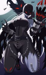 1girl absurdres akitsuiritsuki black_bodysuit bodysuit breasts chain colored_skin demon_girl digimon digimon_(creature) fingernails full_body full_moon grey_skin highres ladydevimon large_breasts long_fingernails moon red_eyes red_lips solo stitches torn_bodysuit torn_clothes white_hair