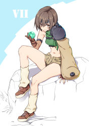 10mo 1girl breasts brown_eyes brown_hair final_fantasy final_fantasy_vii fingerless_gloves gloves headband highres looking_at_viewer materia midriff navel ninja open_fly short_hair shorts sleeveless sleeveless_turtleneck solo turtleneck yuffie_kisaragi