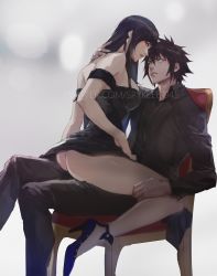 1boy 1girl ass bare_legs black_dress black_hair black_pants black_shirt blue_eyes breasts chair couple crossover dress final_fantasy final_fantasy_vii final_fantasy_xv full_body grey_background hair_between_eyes hand_on hand_on_another&#039;s_neck hand_on_own_thigh hetero high_heels highres large_breasts long_hair long_sleeves noctis_lucis_caelum pants parted_lips red_eyes shirt short_dress short_hair sitting spiked_hair spykeee straddling strap_slip tifa_lockhart upright_straddle