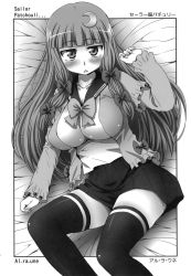 1girl :&lt; alternate_costume aru_ra_une blush bow breasts collarbone crescent crescent_hair_ornament female_focus greyscale hair_bow hair_ornament highres impossible_clothes large_breasts long_hair looking_at_viewer lying monochrome patchouli_knowledge scan school_uniform serafuku skirt solo thighhighs touhou zettai_ryouiki