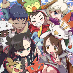 2girls 3boys backpack bag bede_(pokemon) blush_stickers closed_eyes creatures_(company) dark-skinned_male dark_skin fang game_freak gen_4_pokemon gen_8_pokemon gloria_(pokemon) grin grookey group_picture hat hattrem high_five hop_(pokemon) kingin marnie_(pokemon) morpeko morpeko_(full) multiple_boys multiple_girls nintendo on_head pokemon pokemon_(creature) pokemon_on_head pokemon_swsh rotom rotom_phone scorbunny smile sobble starter_pokemon_trio stick taking_picture twintails v victor_(pokemon) wavy_mouth wooloo