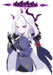 1girl absurdres ahoge black_coat black_gloves black_halo black_skirt blue_archive blush coat demon_girl demon_horns gloves halo highres hina_(blue_archive) horns long_hair looking_at_viewer purple_eyes riyokeyuzu simple_background skirt solo standing white_background white_hair