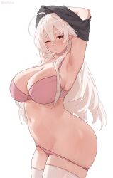 1girl ahoge armpits ass blush bra breasts brown_eyes curvy highres huge_ass iwbitu large_breasts long_hair looking_at_viewer navel nyopu one_eye_closed original panties pink_bra pink_panties simple_background solo stomach thighhighs underwear white_background white_hair white_thighhighs