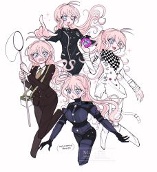 1girl ahoge antenna_hair arm_belt armor blonde_hair blue_eyes blush breasts brown_jacket brown_pants brown_suit bug_cage butterfly_net buttons checkered_clothes checkered_scarf collared_jacket collared_shirt cosplay danganronpa_(series) danganronpa_v3:_killing_harmony explosive eyelashes formal_clothes gloves gokuhara_gonta gokuhara_gonta_(cosplay) grenade hair_between_eyes hand_net high_ponytail highres holding holding_grenade iruma_miu jacket k1-b0 k1-b0_(cosplay) long_hair long_sleeves looking_at_viewer messy_hair mmr_0x multicolored_buttons necktie oma_kokichi oma_kokichi_(cosplay) open_mouth pants pointing pointing_at_viewer ponytail power_armor saihara_shuichi saihara_shuichi_(cosplay) scarf shirt simple_background smile sparkle suit thigh_strap two-tone_scarf walking watermark wavy_hair