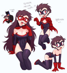 1girl 2boys batman batman_(series) batrobin_k black_footwear black_leotard blush boots breasts brown_hair cape cleavage covered_navel dc_comics dick_grayson fangs genderswap genderswap_(mtf) gloves highres large_breasts leotard long_hair looking_at_viewer multiple_boys open_mouth pointy_ears red_cape red_eyes red_gloves robin_(dc) short_hair smile thigh_boots