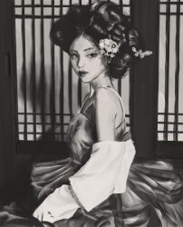 1girl 66ibb absurdres bare_shoulders closed_mouth detached_sleeves dress flower forehead greyscale hair_bun hair_flower hair_ornament highres korean_clothes mole mole_under_eye monochrome original realistic solo