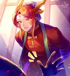 1boy 1other androgynous arms_behind_back artist_name bun_cover chinese_clothes clothing_request commentary_request dragon_boy dragon_horns eastern_dragon_horns facial_mark forehead_mark hair_bun hand_up horns looking_down male_focus monster_boy open_mouth orange_eyes orange_hair orange_scales original pointy_ears shinku_castle slit_pupils solo_focus yellow_horns