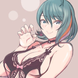 1girl aqua_eyes aqua_hair black_choker breasts choker claw_pose cleavage closed_mouth collarbone dead_or_alive dead_or_alive_6 dead_or_alive_xtreme dead_or_alive_xtreme_venus_vacation fingernails hair_between_eyes hand_up konishiki_(52siki) lace lace-trimmed_swimsuit lace_trim medium_breasts medium_hair mole mole_under_eye multicolored_hair nail_polish simple_background sketch smile solo streaked_hair swimsuit tamaki_(doa) upper_body