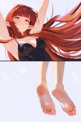 1girl armpits arms_up bare_shoulders barefoot black_dress blunt_bangs blush breasts close-up commentary dress english_commentary eyelashes feet feet_only foot_focus grey_background highres hulkenberg_(metaphor:_refantazio) long_hair looking_at_viewer medium_breasts metaphor:_refantazio multiple_views parted_lips pointy_ears randomscribblas red_hair simple_background soles solo toes very_long_hair