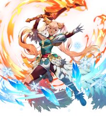 1girl attack breasts cleavage colored_eyelashes dark-skinned_female dark_skin fire fire_emblem fire_emblem_heroes flaming_sword flaming_weapon gloves gradient_hair high_heels highres holding holding_sword holding_weapon ice laevatein_(fire_emblem) laevatein_(resplendent)_(fire_emblem) long_hair micro_shorts multicolored_hair nintendo non-web_source official_alternate_costume official_art open_mouth orange_hair pantyhose raise_sword red_eyes shorts single_bare_shoulder small_breasts solo sword thighhighs twintails very_long_hair weapon white_eyelashes white_gloves white_hair white_thighhighs