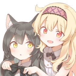 2girls adjusting_another&#039;s_clothes animal_ear_fluff animal_ears bad_link black_bow black_bowtie black_hair blonde_hair bow bowtie cat_ears cat_girl dress flat_chest hairband light_blush little_witch_nobeta long_hair looking_at_another lowres multiple_girls nobeta_(witch_skin) official_art open_mouth phyllis_(human)_(little_witch_nobeta) phyllis_(little_witch_nobeta) red_eyes red_hairband simple_background sleeveless sleeveless_dress transparent_background yellow_eyes