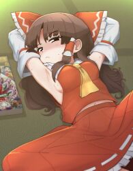 1girl 4th_lol :&lt; armpits arms_behind_head ascot black_eyes book bow breasts brown_hair closed_mouth commentary detached_sleeves frilled_bow frilled_skirt frills hair_bow hakurei_reimu highres long_hair looking_at_viewer lying medium_breasts midriff_peek navel nontraditional_miko on_back red_bow red_shirt red_skirt shirt sideboob skirt solo sweat touhou yellow_ascot