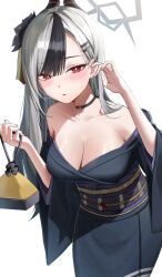 1girl asymmetrical_bangs bare_shoulders black_choker black_flower black_hair black_horns black_kimono blue_archive blush breasts bright_pupils choker collarbone commentary demon_horns dienot0 earclip fingernails flower grey_hair hair_behind_ear hair_flower hair_ornament hairclip halo highres holding horns japanese_clothes kayoko_(blue_archive) kayoko_(new_year)_(blue_archive) kimono kinchaku large_breasts leaning_forward long_hair looking_at_viewer mole mole_on_collarbone multicolored_hair obi obiage off_shoulder official_alternate_costume parted_lips pouch purple_sash red_eyes sash shiny_skin simple_background solo sweatdrop swept_bangs two-tone_hair wheel_print white_background