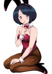 1girl animal_ear_hairband animal_ears black_hair blue_eyes bob_cut bow bowtie breasts brown_pantyhose detached_collar fake_animal_ears finger_to_mouth gundam gundam_gquuuuuux hairband leotard looking_at_viewer mature_female medium_breasts no_sclera pantyhose playboy_bunny ponzu_rui rabbit_ears red_bow red_bowtie red_leotard shiiko_sugai short_hair simple_background solo strapless strapless_leotard white_background wrist_cuffs