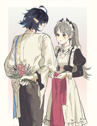 1boy 1girl aehobakjeon ahoge ambience_synesthesia apron arknights arm_behind_back black_dress black_pants cowboy_shot dress grey_eyes grey_hair head_wings high_ponytail highres irene_(arknights) irene_(voyage_of_feathers)_(arknights) juliet_sleeves long_sleeves lumen_(arknights) lumen_(golden_dream)_(arknights) maid maid_apron maid_headdress pants ponytail puffy_long_sleeves puffy_sleeves sweat white_apron wings