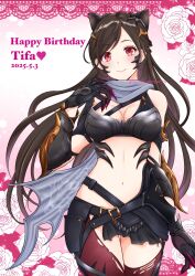 1girl animal_ears bare_shoulders belt belt_buckle birthday black_gloves black_hair black_skirt blush breasts buckle character_name claw_(weapon) cleavage closed_mouth commentary cowboy_shot dated fenrir_(final_fantasy) final_fantasy final_fantasy_vii final_fantasy_vii_ever_crisis floral_background gloves gradient_background grey_scarf happy_birthday headpiece heart highres large_breasts long_hair looking_at_viewer midriff miniskirt nalu navel official_alternate_costume pink_background red_eyes red_thighhighs scarf skirt smile solo stomach straight-on thighhighs tifa_lockhart tifa_lockhart_(armor_of_the_worthy) torn_clothes torn_thighhighs twitter_username weapon wolf_ears