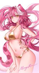 1girl animal_ears bikini breasts center-flap_bangs cleavage closed_mouth commentary double-parted_bangs english_commentary expressionless floating_hair gold_bikini golden_week hand_on_own_hip highres hololive hololive_english large_breasts long_hair looking_at_viewer miraymoon multicolored_hair navel official_alternate_costume panther_ears panther_girl panther_tail pink_hair raora_panthera sidelocks simple_background solo streaked_hair string_bikini swimsuit tail very_long_hair virtual_youtuber white_background white_hair yellow_eyes