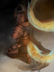 1other ambiguous_gender armor cape commentary crucible_knight dark_background elden_ring energy_tail english_commentary facing_viewer from_behind full_armor gauntlets helmet highres kneeling looking_back pauldrons shoulder_armor solo tail tworain_w