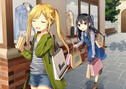 2girls bag bench black_hair blonde_hair blue_eyes brick_wall brown_coat brown_footwear closed_eyes coat commentary_request cross-laced_footwear denim denim_jacket drink drinking_straw green_coat hair_ornament hairpin handbag highres jacket long_hair multiple_girls open_clothes open_jacket open_mouth original outdoors overalls road shirt shopping_bag shorts street striped_clothes striped_shirt sweatdrop tree twintails walking window wooden_door yuusa