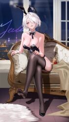 1girl absurdres blue_eyes crossed_legs feet garter_straps hair_over_one_eye hand_on_own_knee highres jeelee leotard looking_at_viewer medium_hair parted_lips playboy_bunny see-through_clothes see-through_legwear shoes single_shoe sitting soles thighhighs toes white_hair