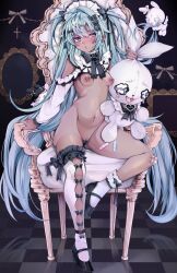 1girl aqua_hair bandaid black_shoes blush bow breasts cameltoe chair commentary dark-skinned_female dark_skin ecchibeef english_commentary female_pubic_hair frilled_hairband frills hair_bow hairband highres holding holding_stuffed_toy indoors long_hair looking_at_viewer mimitchi nipple_piercing nipples nude original perky_breasts petite piercing pubic_hair ribbon shoes sitting small_breasts solo stuffed_animal stuffed_rabbit stuffed_toy sweat tamagotchi thighhighs two_side_up very_long_hair white_thighhighs