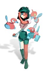 Rule 34 | 1girl, ^ ^, black hair, blue skin, closed eyes, colored skin, creatures (company), crossover, ena (dream bbq) (joel g), ena (series), game freak, gen 1 pokemon, gen 2 pokemon, gen 4 pokemon, green hat, hat, highres, holding, holding poke ball, naie 74, nintendo, open mouth, poke ball, pokemon, pokemon (creature), porygon, porygon-z, porygon2, red skin, shadow, simple background, split-color skin, standing, white background