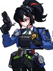 1girl black_gloves black_hair blue_jacket breasts checkered_necktie gloves gun hairband high-waist_pants holding holding_gun holding_weapon holster jacket ji_heeeeeee large_breasts metal_hairband multicolored_hair necktie pants police police_badge police_uniform policewoman ponytail red_eyes red_hair shoulder_holster simple_background solo streaked_hair tight_clothes tight_pants weapon white_background zenless_zone_zero zhu_yuan