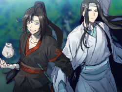 Rule 34 | 2boys, ahoge, bag, beaugi, black hair, black hanfu, blurry, blurry background, chinese clothes, closed mouth, collarbone, flute, grey eyes, grin, guqin, hanfu, headband, highres, holding, holding another&#039;s arm, holding bag, instrument, instrument case, lan wangji, long hair, long sleeves, looking at viewer, male focus, modao zushi, multiple boys, outdoors, ponytail, robe, sash, sketch, smile, very long hair, wei wuxian, white hanfu, white headband, wide sleeves, yaoi, yellow eyes