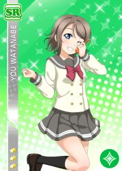 Rule 34 | 1girl, anime coloring, black socks, blue eyes, blush, bow, bowtie, brown hair, brown shoes, buttons, card (medium), clenched hand, cowboy shot, diamond (shape), double-breasted, food, green background, grey sailor collar, grin, hands up, holding, holding food, kneehighs, leg up, loafers, long sleeves, looking at viewer, love live!, love live! school idol festival, love live! sunshine!!, miniskirt, official art, one eye closed, pleated skirt, red bow, red bowtie, sailor collar, school uniform, serafuku, shirt, shoes, short hair, skirt, smile, socks, solo, standing, standing on one leg, star (symbol), teeth, three quarter view, uranohoshi school uniform, watanabe you, wavy hair, white shirt