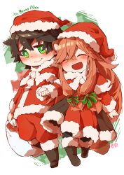 Rule 34 | 1boy, 1girl, :d, alternate costume, animal ear fluff, animal ears, artist name, black dress, black hair, black pantyhose, blush, boots, bow, brown boots, brown hair, cape, capelet, christmas, closed eyes, closed mouth, coat, commission, commissioner name, couple, dress, facing ahead, full body, fur-trimmed boots, fur-trimmed capelet, fur-trimmed coat, fur-trimmed dress, fur-trimmed headwear, fur-trimmed sleeves, fur trim, green background, green bow, green eyes, hair bow, hat, hetero, highres, holding hands, iwatani naofumi, long hair, long sleeves, looking at another, messy hair, open mouth, pants, pantyhose, pom pom (clothes), raccoon ears, raccoon girl, raccoon tail, raphtalia, red background, red bow, red cape, red coat, red dress, red hat, red pants, santa costume, santa hat, second-party source, short hair, shunrai, signature, skeb commission, smile, tail, tate no yuusha no nariagari, two-tone bow, two-tone dress, white background