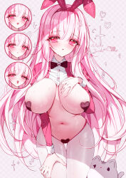 1girl absurdres animal_ears artist_name blush bow bowtie breasts checkered_background grabbing_own_breast grey_background hairband hand_on_own_thigh heart_maebari heart_pasties highres large_breasts long_hair long_sleeves looking_at_viewer maebari meme_attire multiple_expressions navel open_mouth original pasties pink_bow pink_bowtie pink_eyes pink_hair pink_hairband pink_shrug rabbit_ears reverse_bunnysuit reverse_outfit smile solo_focus stomach sweat tandohark teeth thighhighs thighs tongue tongue_out upper_teeth_only white_thighhighs