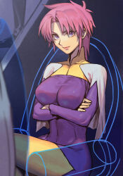 Rule 34 | 1girl, breasts, cape, closed mouth, covered navel, crossed arms, crossed legs, earrings, ghost in the shell, ghost in the shell: stand alone complex, hungry clicker, jewelry, kusanagi motoko, large breasts, leotard, looking at viewer, pink hair, purple eyes, purple leotard, short hair, solo, visible ears, white cape