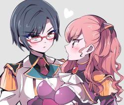 2girls artist_request black_hair blush breasts charlotte_scherzen charlotte_shalzen gem green_eyes heart highres large_breasts long_hair looking_at_another military multiple_girls necktie open_mouth pink_eyes pink_hair shigure_kasumi valkyrie_drive valkyrie_drive_-mermaid- yuri