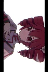 1girl black_sleeve_cuffs bow buttons double-breasted drill_hair expressionless fingernails grey_jacket hair_between_eyes hair_bow hair_ribbon hand_on_own_chest hand_up hashtag-only_commentary highres jacket kasane_teto kasane_teto_(sv) layered_sleeves looking_at_viewer nyaaaa252 pillarboxed red_eyes red_nails red_trim ribbon shoulder_boards sideways solo synthesizer_v twin_drills utau white_background white_bow white_ribbon