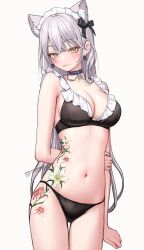 10_plus 1girl animal_ear_fluff animal_ears arm_behind_back bikini black_bikini black_bow blush bow breasts cat_ears chain cleavage collar commentary commission cowboy_shot cross cross_earrings crossed_bangs earrings extra_ears facial_mark flower_tattoo frilled_bikini frills grey_hair hair_bow heart heart_earrings highres jewelry large_breasts light_smile long_hair looking_at_viewer maid maid_bikini maid_headdress mole mole_on_breast navel original pentagram purple_collar simple_background skeb_commission solo standing stomach swimsuit symbol-only_commentary tattoo twitter_username unconventional_maid watermark white_background yellow_eyes