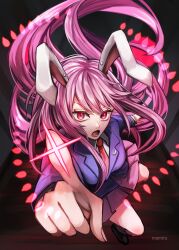 1girl animal_ears artist_name danmaku finger_gun highres imperishable_night jacket long_hair long_sleeves looking_at_viewer lower_teeth_only mamiru_(42105269) necktie open_mouth pink_eyes pink_hair pink_skirt purple_jacket rabbit_ears rabbit_girl red_necktie reisen_udongein_inaba shirt skirt solo teeth touhou very_long_hair white_shirt