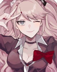 1girl ;) bear_hair_ornament black_shirt blonde_hair bow breasts cleavage collarbone danganronpa:_trigger_happy_havoc danganronpa_(series) enoshima_junko hair_ornament hakumai_(mgmg_okomee) highres large_breasts nail_polish one_eye_closed red_bow red_nails shirt smile solo twintails w
