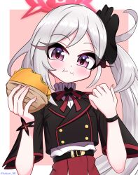 1girl :t artist_name black_jacket blazer blue_archive blush border burger child closed_mouth cropped_jacket dot_nose eating eyebrows eyelashes female_focus frilled_shirt_collar frills grey_hair hair_ribbon halo hands_up high-waist_skirt jacket long_hair looking_at_viewer lukari multicolored_jacket mutsuki_(blue_archive) orange_background ponytail purple_eyes red_halo red_jacket red_ribbon red_skirt ribbon shirt side_ponytail simple_background skirt solo two-tone_jacket upper_body wavy_mouth white_border white_shirt