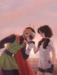 Rule 34 | 1boy, 1girl, black hair, blush, cape, couple, dragon ball, embarrassed, fingerless gloves, gloves, great saiyaman, helmet, kissing hand, son gohan, sparkle background, sunset, twintails, videl
