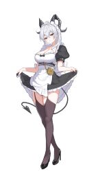1girl absurdres alternate_costume apron black_dress black_horns black_shoes black_tail black_thighhighs breasts cleavage commentary curled_horns demon_tail dress english_commentary enmaided full_body grey_hair hair_between_eyes high_heels highres horns large_breasts long_hair looking_at_viewer maid maid_headdress multicolored_hair pongdo puffy_sleeves red_eyes shoes short_sleeves simple_background solo streaked_hair tail thighhighs thighs white_background wuthering_waves zani_(wuthering_waves)