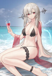 1girl absurdres arknights beach bikini black_bikini blue_sky breasts closed_mouth cup drinking_glass feet_out_of_frame grey_hair hair_between_eyes highres holding holding_cup long_hair looking_at_viewer navel red_eyes shale sitting skadi_(arknights) sky smile solo swimsuit water wine_glass