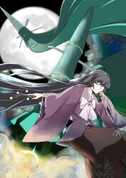 1girl black_hair bow bowtie celesteela closed_mouth commentary full_moon gen_7_pokemon highres houraisan_kaguya japanese_clothes kimono long_hair long_sleeves looking_at_viewer moon nintendo outdoors pink_kimono pokemon pokemon_(creature) potato_pot red_eyes red_skirt skirt smile solo touhou ultra_beast very_long_hair white_bow white_bowtie wide_sleeves