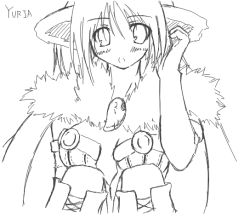 1girl alchemist alchemist_(ragnarok_online) animal_ears blush breasts cape cleavage elbow_gloves female_focus gloves greyscale kaminagi_(kaminagi-tei) medium_breasts monochrome ragnarok_online solo