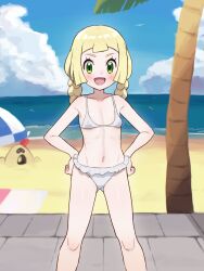 1girl :d beach_towel bikini blonde_hair chiwino cloud collarbone commentary_request day gen_7_pokemon green_eyes hands_on_own_hips happy highres knees large_variant_set lillie_(pokemon) long_hair looking_at_viewer nintendo open_mouth outdoors palm_tree pokemon pokemon_(anime) pokemon_(creature) pokemon_sm_(anime) sand sandygast shore sky smile standing swimsuit towel tree variant_set water white_bikini